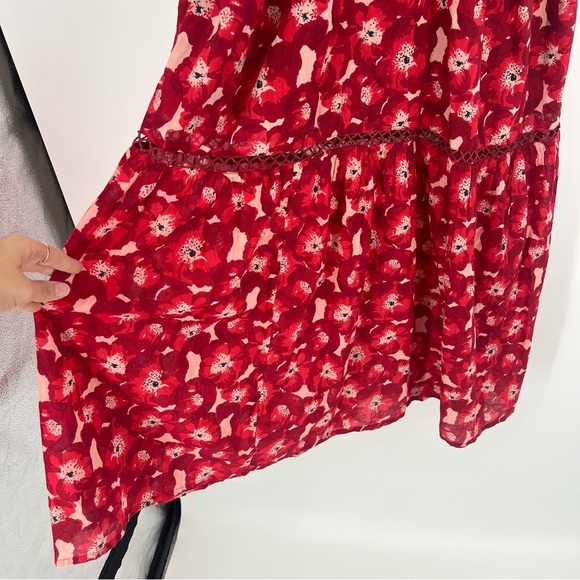 Ro's Garden Jasmin 100% Cotton Red Floral V Neck Ruffle Sleeve Maxi Dress Medium - Picture 3 of 8